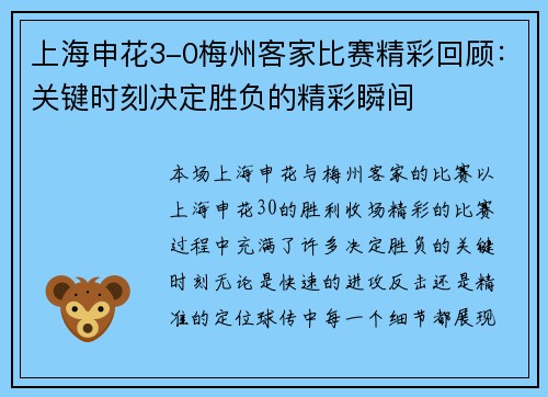 上海申花3-0梅州客家比赛精彩回顾：关键时刻决定胜负的精彩瞬间