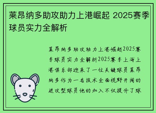 莱昂纳多助攻助力上港崛起 2025赛季球员实力全解析