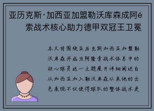 亚历克斯·加西亚加盟勒沃库森成阿隆索战术核心助力德甲双冠王卫冕