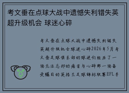 考文垂在点球大战中遗憾失利错失英超升级机会 球迷心碎